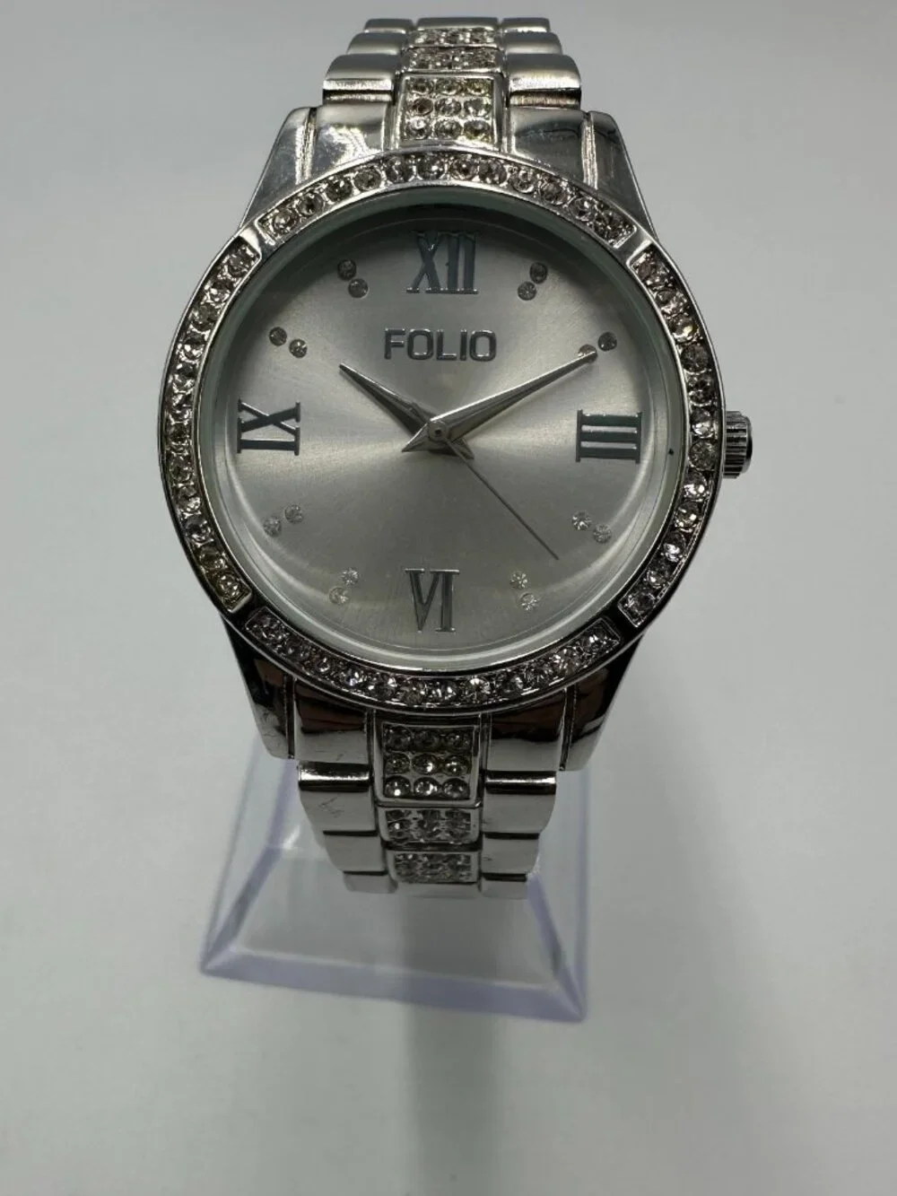 3/$30 Folio Watch Women Silver Tone Crystal Bezel Round Dial 31MM 7.5 Inch